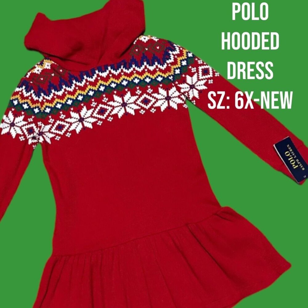 NEW-6X Girls Polo-Ralph Lauren Fair Isle Waffle-Knit Hooded Red Christmas Dress